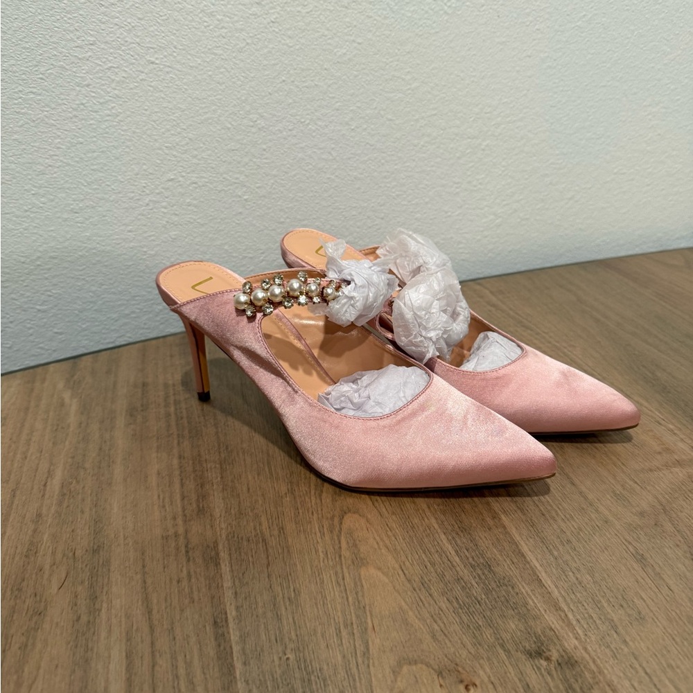 Lulu's Pink Heels with Pearl Accent